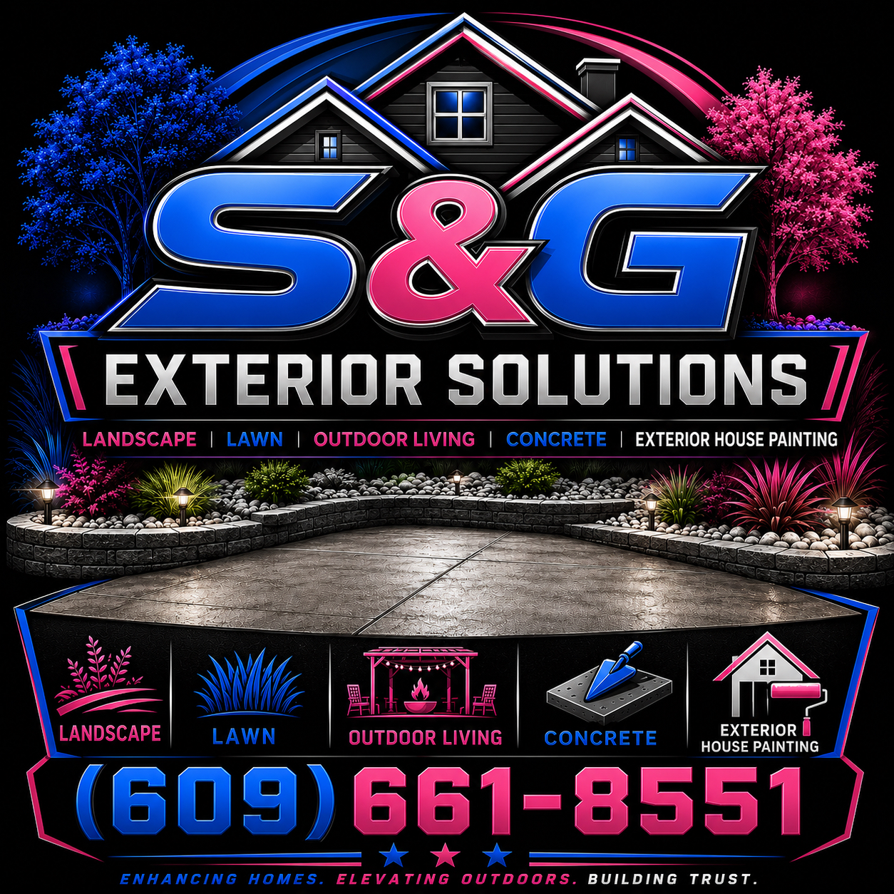 The S&G Exterior Solutions flyer: chrome lettering over a landscape lit up at night