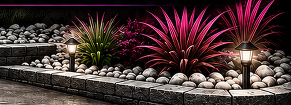 Garden beds glowing under landscape lighting at night